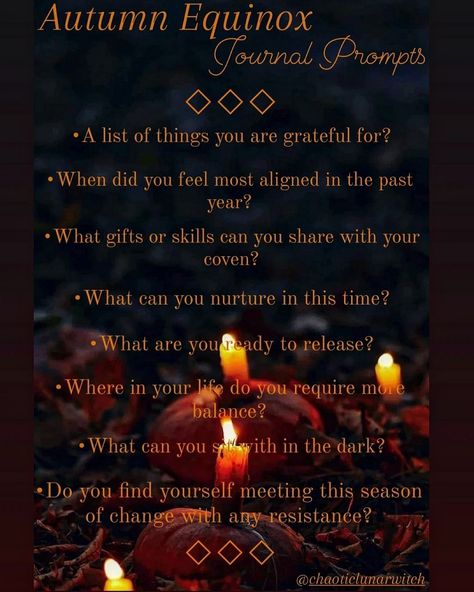 Some journal prompts for the Autumn Equinox! Fall Equinox Journal Prompts, Autumn Equinox Journal Prompts, Mabon Journal Prompts, Fall Equinox Aesthetic, Autumn Equinox Food, Autumn Equinox Aesthetic, Autumn Equinox Celebration, Mabon Ideas, Witch Holidays