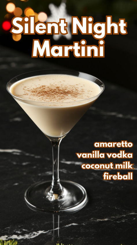 Silent Night Martini Recipe Holiday Dessert Martinis, Martinis With Vanilla Vodka, Bourbon Martini Recipes, New Year Shots Drink Recipes, Drinks With Frangelico, New Years Mixed Drinks Recipes, Easy Christmas Martini Recipes, Santa Colada, New Years Martini