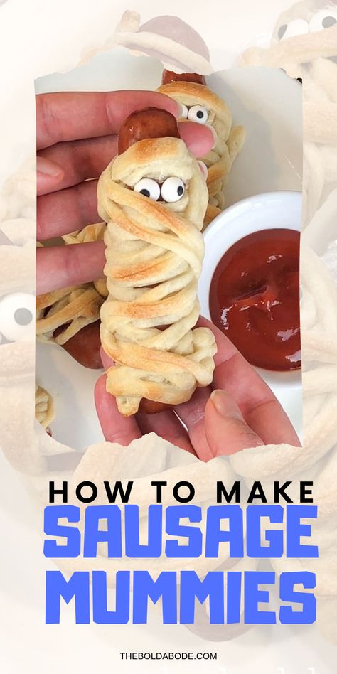 This super easy to make recipe will delight at your next Halloween event, or make them for your family! All it takes is some pizza dough, sausages and candy eyes! #halloween #halloweentreats #halloweensnacks #halloweenparty #halloweenrecipes #halloweenideas #halloweenrecipeideas Halloween Sausage Mummies, Halloween Sausage, Sausage Mummies, Bday Snacks, Mummy Recipes, Cocktail Sausages, Halloween Breakfast, Fun Halloween Treats, Make Halloween