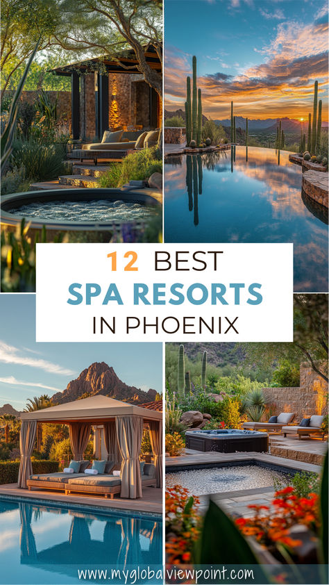 A serene collage of the top luxury spa resorts in Phoenix, featuring tranquil outdoor pools, lush desert landscapes with cacti, and cozy relaxation areas with views of stunning sunsets, showcasing the perfect blend of relaxation and natural beauty in Arizona. Resorts In Arizona, Arizona Grand Resort And Spa, Spa Resorts United States, Arizona Spa Resorts, Arizona Spa, Arizona Resorts, Luxury Spa Resort, Scottsdale Resorts, Spa Vacation