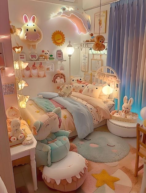 Pastel Yellow Bedroom Aesthetic, Cute Room Decor Pastel, Aethetic Houses Interior, Cute Pastel Bedroom Ideas, Kawaii Rooms Bedrooms, Plushie Bedroom, Kawaii Dorm Room, Kawaii Anime Bedroom, Kawaii Bedroom Ideas