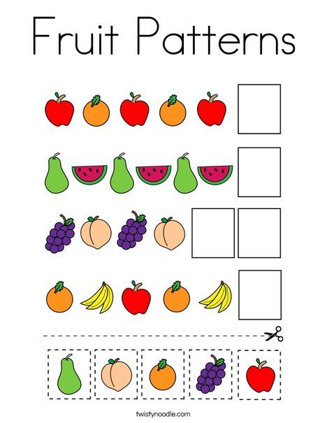 Fruit Patterns Coloring Page - Twisty Noodle Preschool Pattern Activities, Preschool Patterns, Ab Patterns, Fruit Crafts, Kids Vegetables, Twisty Noodle, Pattern Worksheet, Fruit Coloring Pages, Pattern Activities