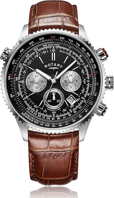 The Rotary Pilot design is heavily inspired by aviation aesthetics. A large, round dial marked with slide rule and chronograph functionality sits within a robust stainless steel case serrated case. Red accent colours on the dial bring a flash of contrast without being too garish. Best Looking Watches, Seiko Men, Chrono Watches, Mens Chronograph, Aviator Watch, Brown Leather Strap, Tag Heuer, Stainless Steel Watch, Leather Slip Ons