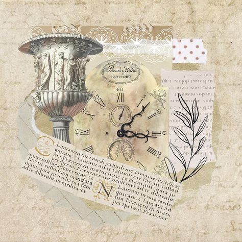 Clock Collage, Washi Tape Scrapbook, Square Aesthetic, Clock Aesthetic, Media Background, Mixed Media Backgrounds, Vintage Collage Art, Ephemera Collage, Vintage Scrapbook Paper