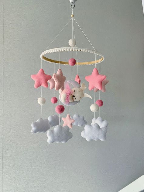 Rabbit Mobile Nursery, Bunny Cloud, Pink Baby Mobile, Nursery Mobile Girl, Hanging Crib Mobile, Mobile Ideas, Bunny Mobile, Hanging Crib