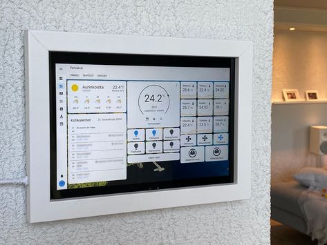 Wall-mounted dashboard - Share your Projects! - Home Assistant Community Family Dashboard Wall, Home Automation Dashboard, Smart Home Design Ideas, Home Assistant Dashboard, Kiosk App, Home Dashboard, Smart Home Ideas, Smart Home Dashboard, Tablet Wall Mount