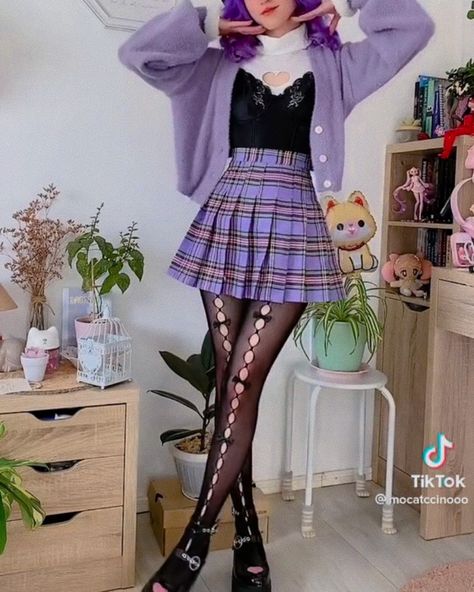 Cute Pastel Goth Outfits Purple, Tenis Skirt Outfits Summer, Purple Egirl Outfit, Pastel Gothic Aesthetic Outfit, Purple Pastel Goth Aesthetic, Corporate Pastel Goth, Pastel Punk Outfits Soft Grunge, Purple Idol Outfits, Pastel Purple Outfit Ideas