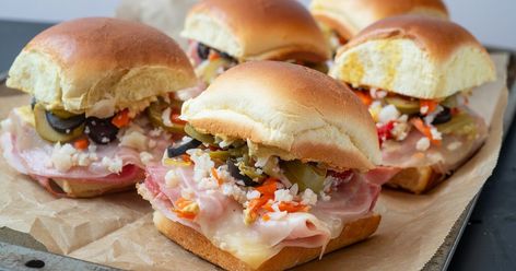 Mini Muffaletta, Muffaletta Sandwich, Muffuletta Sandwich, Creole Mustard, Appetizer Sandwiches, Spicy Brown Mustard, Olive Relish, Beans And Rice, Hot Pepper Sauce