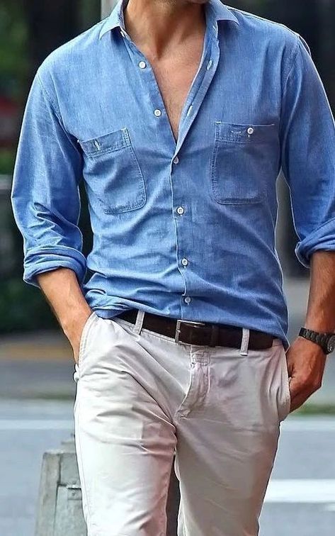 Chambray Shirt Outfit, Chambray Shirt Outfits, Denim Outfit Men, Shirt Outfit Men, Mens Clothing Store, Chambray Shirt, Everyday Dresses, Denim Outfit, Denim Shirt