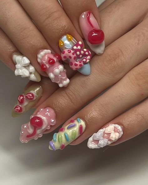 Birthday Candle Nail Art, Nail Art Collage, Balloon Nail Design, Unique Birthday Nails, Birthday Cake Nail Art, December Birthday Nails Short, Birthday Candle Nails, Polly Pocket Nails, Candy Inspired Nails