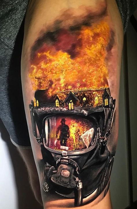 Fire Department Tattoos, Firefighter Tattoo Sleeve, Fireman Tattoo, Fighter Tattoo, Ems Tattoos, Firefighter Tattoo, Fire Fighter Tattoos, Helmet Tattoo, World Famous Tattoo Ink