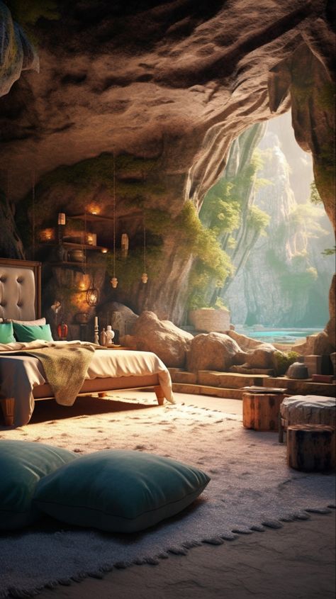 Cave Room Aesthetic, Cave Residence, Cave Themed Room, Fantasy Cave Home Concept Art, Cave Aesthetic Room, Cave House Interior, Cave Room Ideas, Cave Home Aesthetic, Cave House Aesthetic