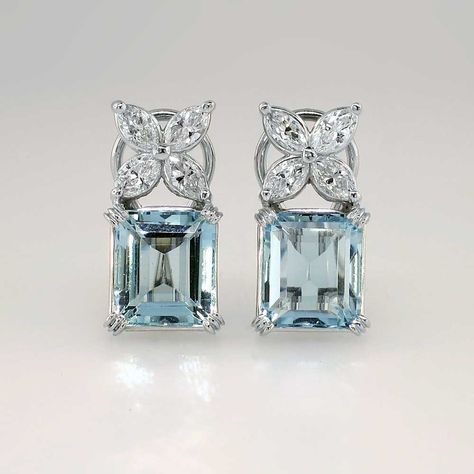 Classic 6ctw Emerald Cut Aquamarine & Marquise Diamond Earrings 14k | Antique & Estate Jewelry | Jewelry Finds Marquise Diamond Earrings, Antique Diamond Earrings, Estate Jewelry For Sale, Aquamarine Jewelry, Earrings Diamond, Diamond Cocktail Rings, Ruby Earrings, Emerald Earrings, South Sea Pearls