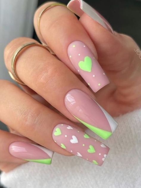 cute heart accent nail design Bright Acrylic Nails For Summer, Bright Nail Designs Neon, Pink Green Nails Design, Pink And Green Summer Nails, Summer Gel Extension Nails, Holiday Nails Summer Acrylic Bright, Neon Green Summer Nails, Green Valentines Nails, Green Beach Nails