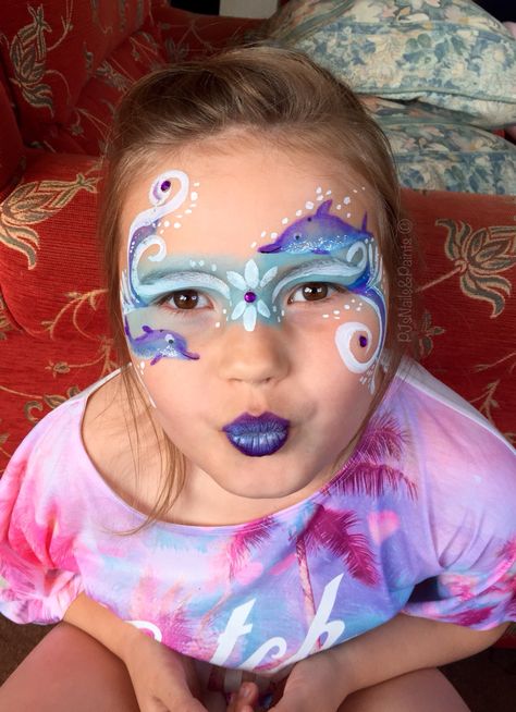 Under the sea dolphin facepaint.                                                                                                                                                                                 More Under The Sea Face Painting, Under The Sea Face Paint, Dolphin Birthday Parties, Dolphin Birthday, Animal Face Paintings, Dolphin Party, Face Painting For Boys, Sea Dolphin, Underwater Party