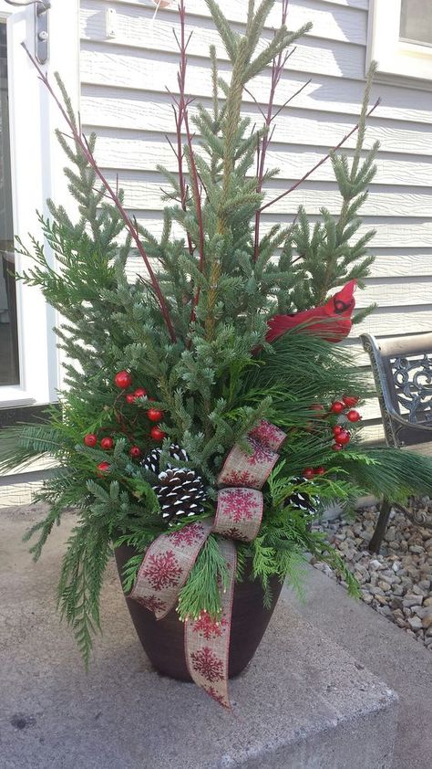 30 Creative Christmas Porch Decor Ideas for 2023 5 Outdoor Christmas Arrangements Planters, Diy Christmas Planter Ideas, Porch Pots, Christmas Urns, Outdoor Christmas Planters, Christmas Porch Decor Ideas, Holiday Planter, Outside Christmas Decorations, Winter Planter