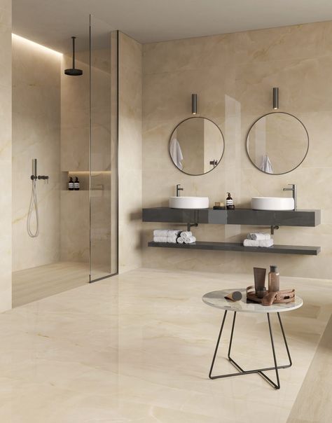 Marvel Onyx surfaces by Atlas Concorde | Dezeen Showroom Onyx Bathroom, Marvel Stone, Atlas Concorde, Onyx Marble, Italian Ceramics, Marvel X, Marble Effect, Onyx Stone, Pearl Grey