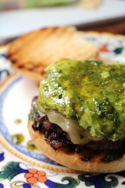 Chimichurri Burgers | The Spiffy Cookie Chimichurri Burger Recipe, Chimichurri Burger, Chimichuri Sauce, Guacamole Burger, Pepperjack Cheese, Burger Patty, Blue Cheese Salad, Roasted Strawberries, Grilled Burgers