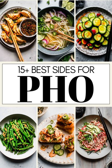 Wondering what to serve with Vietnamese Pho for dinner? Look no further! Here's a list of 15+ tasty side dishes for pho! These recipes are all quick, easy and delicious. Side Dishes For Pho, Hot Pot Sides, Pho Dinner Party, Pho Bar Party, Vietnamese Side Dishes, Pho Party, Chardonnay Food Pairing, Cold Peanut Noodles, Homemade Stir Fry