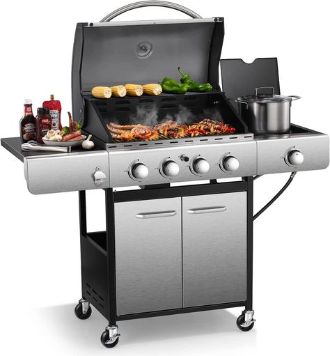 Joy Pebble Gas Grill 4 Burners Cabinet Liquid Propane Grill With Side Burner，42,000BTU Outdoor Cooking Stainless Steel BBQ Grills，Silver Barbecue Camping, Garden Barbecue, Grilling Sides, Propane Grill, Propane Gas Grill, Stainless Steel Bbq, Iron Grate, Barbecue Party, Gas Bbq