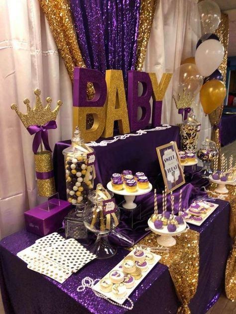 It’s a Girl | CatchMyParty.com Royal Baby Shower Theme Girl, Royal Baby Shower Theme Boy, Purple And Gold Baby Shower, Purple Baby Shower Theme, Royal Baby Shower Theme, Royal Baby Shower Boy, Royalty Baby Shower, Boy Baby Shower Ideas, Royal Baby Showers