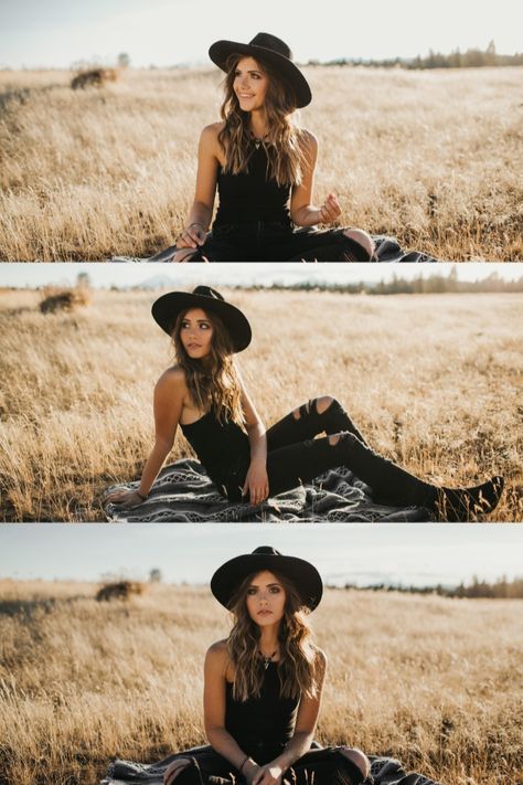 Photo With Hat Ideas, Senior Picture Ideas With Hats, Black Felt Hat Outfit Western, Pictures With Cowboy Hats, Black Outfit Senior Pictures, Western Outfits Photoshoot, Senior Pictures With Hat, Western Senior Photoshoot, Western Photography Ideas