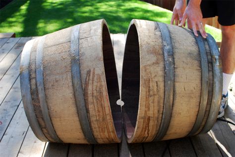 How to cut a wine barrel in half Half Wine Barrel Ideas, Beer Barrel Ideas, Wine Barrel Diy, Wine Barrel Garden, Diy Barrel, Whiskey Barrel Planter, Wine Barrel Decor, Wine Barrel Planter, Barrels Diy