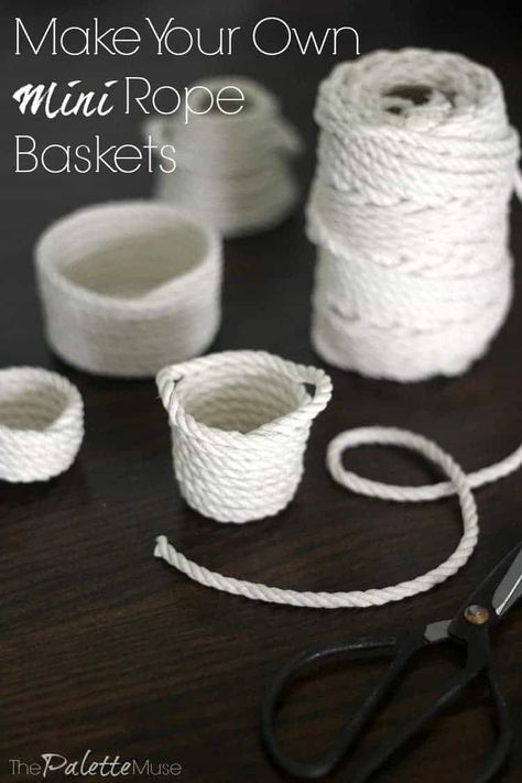 Making your own mini rope baskets is fun and easy. Perfect for organizing, tablescaping, or just for fun! #minicrafts #ropebasket #thepalettemuse Barbie House Furniture, Upcycled Kitchen, Diy Barbie House, Rope Baskets, Dollhouse Miniature Tutorials, Doll Furniture Diy, Diy Barbie Furniture, Diy Doll Miniatures, Doll House Plans