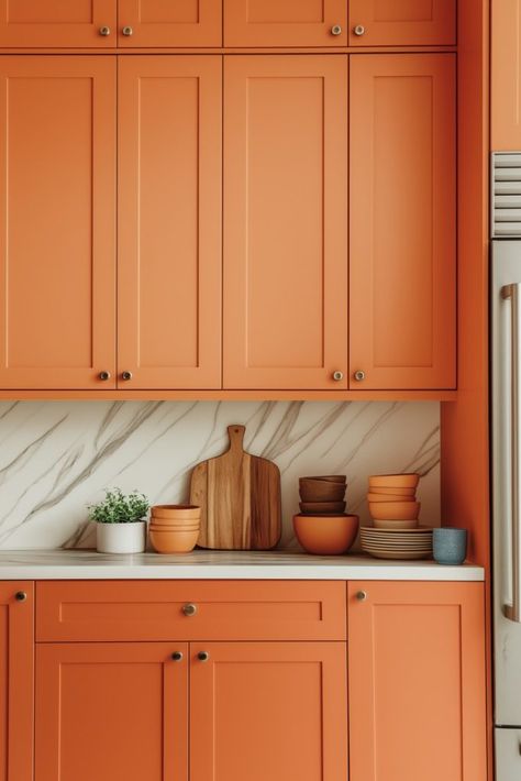 27 Orange Kitchen Ideas: Turn Your Kitchen From Blah to Bold! Orange Kitchen Color Schemes, Orange Fridge Kitchen, Burnt Orange Kitchen Ideas, Orange Cabinets Kitchen, Burnt Orange Kitchen Cabinets, Orange And Grey Kitchen, Orange Kitchen Island, Orange Tile Kitchen, Tangerine Kitchen