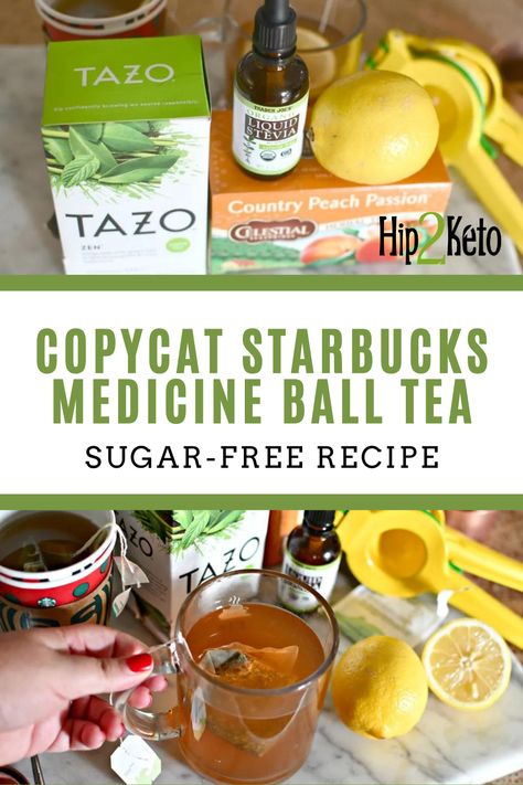 Here is our version of Starbucks medicine ball tea. Make this copycat Starbucks medicine ball tea recipe that is approved for a keto diet! This sugar-free Starbucks tea recipe helps soothe a cold. Starbucks Cold Remedy Tea, Medicine Ball Tea Recipe, Medicine Ball Tea Starbucks, Immune Recipes, Starbucks Tea Recipes, Sick Tea, Medicine Ball Recipe, Starbucks Medicine Ball Tea, Starbucks Medicine Ball Recipe