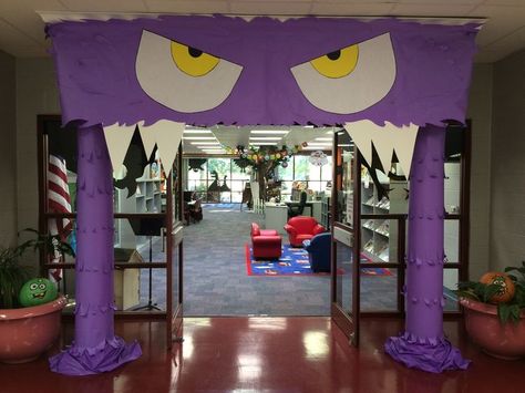 Office Halloween Themes, Monsters Inc Decorations, Library Halloween, Book Fairs, Monster Book, Fair Theme, Scholastic Book Fair, Office Halloween, Library Themes