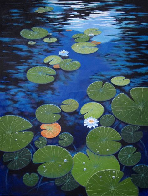 Lillypads Drawing, How To Paint Lily Pads, Lily Pads Drawing, Lily Pads Painting, Lily Pads Aesthetic, Acrylic Painting Water Lilies, Pond Painting Acrylic, Painted Lily Pads, Lily Pad Painting