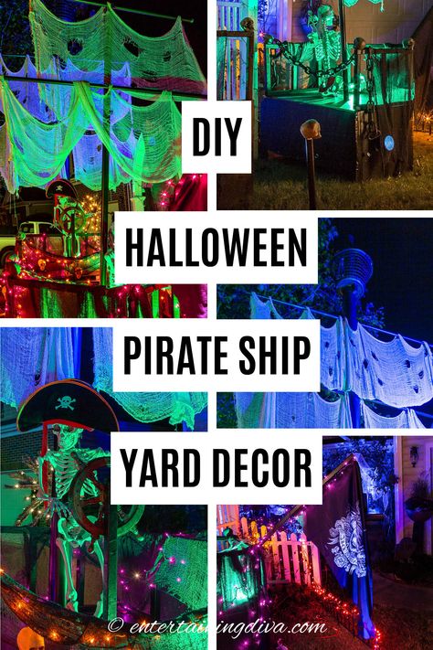 DIY Pirate Ship Halloween Decor Halloween Pirate Ship Decorations, Pirate Decorations Halloween, Easy Pirate Decorations, Outdoor Pirate Halloween Decorations, Diy Pirate Trunk Or Treat, Haunted Pirate Ship Halloween, Pirate Halloween Yard Display, How To Build A Pirate Ship For Halloween, Shipwreck Halloween Decorations