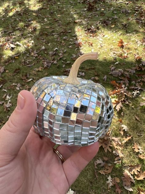 How to DIY Disco Pumpkins for a Maximalist Halloween | Apartment Therapy Fall Disco Ball, Diy Disco Pumpkin, Disco Ball Halloween Decor, Maximalist Halloween, Pumpkin Disco Ball Wallpaper, Halloween Apartment, Disco Ball Pumpkin, Disco Pumpkin, Pumpkin Inspo