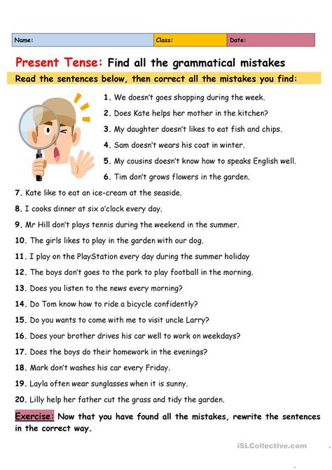 Present Simple: Find All the Grammatical Mistakes - English ESL Worksheets for distance learning and physical classrooms Simple Present Tense Worksheets, Simple Present Tense, Grammar Mistakes, Teaching English Grammar, Literacy Games, English Grammar Worksheets, Present Tense, Grammar Practice, English Worksheets For Kids