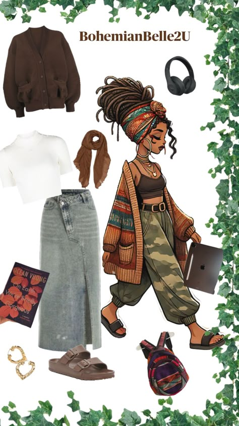 Bohemian School Days #bohemian #school #fall #wallpaper Fall Hippie Aesthetic, Earthy Chic Outfits, Spiritual Outfit Boho Style, Earthy Fall Outfits, Fall Earthy Outfits, Carribean Outfit, Bohemian Fits, Modern Bohemian Outfits, Afro Boho Fashion