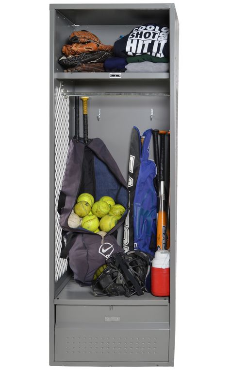 Have a baseball player at your house? Our Baseball Lockers can help organize all of their gear and get them ready for their next big game. #blogpost #lockers #sportslockers #baseballlockers #baseball #storage #organization Baseball Equipment Organization, Baseball Bag Storage Garage, Garage Baseball Organization, Baseball Storage Ideas Sports Equipment, Baseball Organization Ideas, Baseball Storage Ideas, Baseball Equipment Storage, Baseball Gear Storage, Baseball Locker Decorations