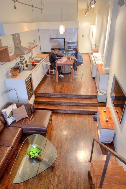 city dwelling. Split Level Kitchen, Apartemen Studio, Modern Apartment Living Room, Studio Loft, Sunken Living Room, Living Room And Kitchen, Split Level House, Apartment Living Room Design, Loft Apartment