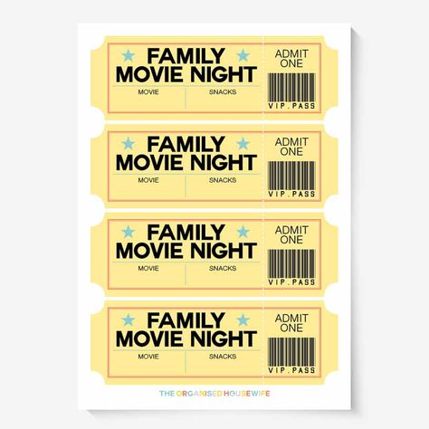 Printable movie tickets to add some extra fun on family movie nights! Create some fun and excitement by planning a family movie night. Use these tickets to let your family know what you have planned. They come blank so you can add in what movie you'll be watching and snacks you have planned. This is a digital product = Purchase + Download + Print instantly. Movie Printables, Family Movie Night Tickets Free Printable, Family Movie Night Tickets, Printable Movie Tickets Templates Free, Movie Tickets Printable, Movies For Family Movie Night, Family Movie Night Ideas At Home, Family Movie Night Printables, Movie Ticket