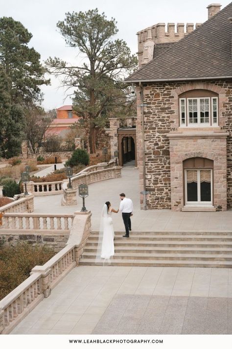 Bride and Groom walk up the steps at Highlands Ranch Mansion near Denver Colorado. Photos by Leah Black Photography. Colorado Springs Wedding Venues, Cuneo Mansion Wedding, Denver Wedding Venues, Colorado Castle, Wedding Venues Castle, Wedding Lake Como, Scottish Castle Wedding, European Wedding Venue, European Style Wedding