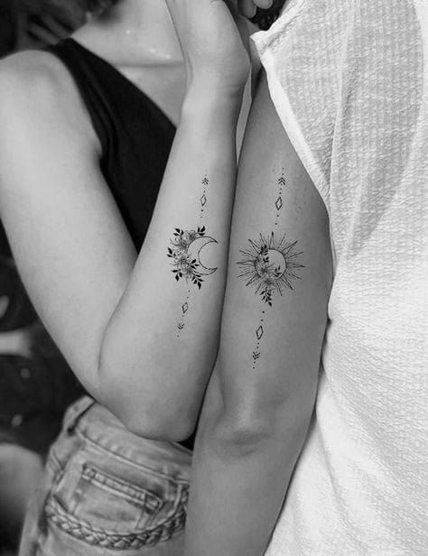 Moon With Sun Tattoo, A Couple Of Tattoos, Sun And Moon Forearm Tattoo Women, Sun And Moon Tattoo For Couples, Cute Moon Tattoos For Women, Sun And Moon Matching Tattoos Couple, Night And Day Tattoos Ideas, Cool Tattoo Inspiration, Moon Sun Tattoo Couple