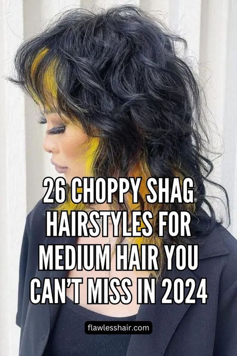 Messy Shag With Peekaboo Highlights Medium To Short Shag Haircuts, Haircuts Shag Medium, Shag Mullet Wavy Hair Medium, Shag Hair Ponytail, Shag Haircut Diagram, Classy Shag Haircut, Long Shag Hairstyles Curly Hair, 80s Haircuts For Women, Long Choppy Shag Haircut