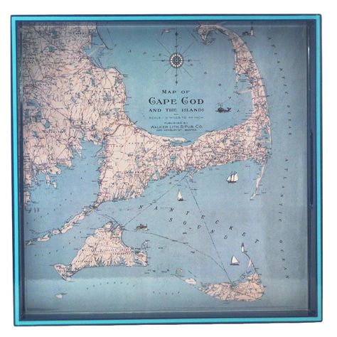 New! Light Blue Cape Cod, Nantucket & The Islands Map Serving / Bar Tray, The Hour Shop & TheHourShop.com ~ curated goods for the modern home bar. Barware, Trays Cape Cod Map, Island Map, Square Tray, Paint Stripes, Artist Bio, Square Art, Coastal Chic, Decorative Trays, Antique Maps