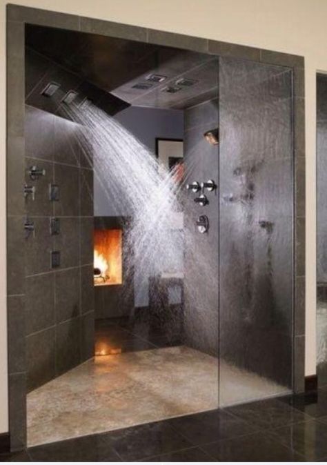 Couples shower with nearby fireplace Drømme Bad, Dream Shower, Dream Bathrooms, Shower Remodel, Dream Bathroom, Style At Home, Dream Rooms, Beautiful Bathrooms, Design Case