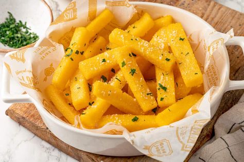 Fried Polenta Recipe - Seriously Crispy Polenta Fries! Homemade Polenta, Fried Polenta Recipes, Parmesan Sticks, Chopped Cheese Sandwich, Fried Polenta, Crispy Polenta, Polenta Recipe, Polenta Fries, Polenta Recipes