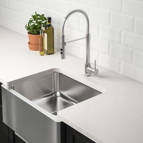 BREDSJÖN Apron front sink, under-glued stainless steel - IKEA Stainless Steel Apron Front Sink, Stainless Apron Front Sink, Airbnb Kitchen, Kitchen Black And White, Galley Sink, Ikea Sinks, Ikea Pictures, Accessible Kitchen, Basement Kitchenette