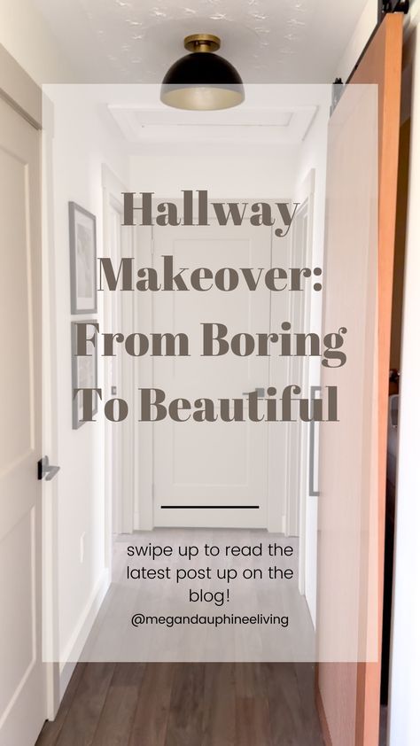 We transformed our dated hallway by replacing colonial-style doors with sleek, modern ones and painting them a rich charcoal. The highlight was adding a sliding barn door, creating a functional focal point. With minimal décor and a stylish runner, the space now feels cohesive and contemporary. Check out my latest blog post where I share the steps and products used. End Of Hallway Door Ideas, Hallway Doors Ideas, Hallway With Carpet, Narrow Bedroom Hallway Ideas, Boring Hallway Ideas, Upstairs Hallway Makeover, How To Make Hallways Look Wider, Decorating Narrow Hallways, Hallway Door Decor