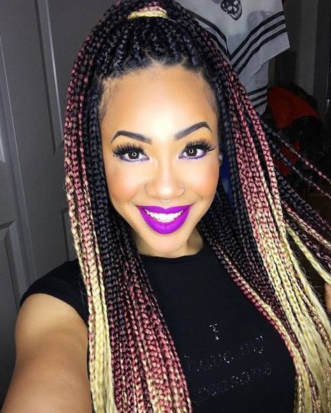 Box Braids With Blonde And Pink Ombre Box Braids Tutorial, Box Braids Pictures, Ombre Box Braids, Black Box Braids, Colored Box Braids, Small Box Braids, Ombre Braid, Medium Box Braids, Tree Braids