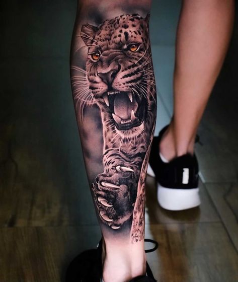 Flower Forearm Tattoos For Women, Forearm Tattoos For Women, Leg Tattoos For Men, Tiger Hand Tattoo, Calf Tattoo Men, Jungle Tattoo, Tattoo Black And Grey, Colour Tattoo For Women, Tiger Tattoo Sleeve