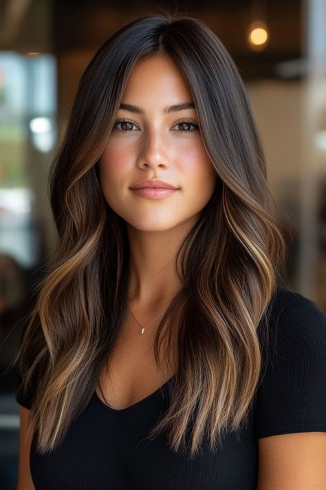 fall hair color ideas for brunettes #FallHairColors #BrunetteHair #AutumnHairTrends #WarmTones #BrunetteBalayage #RichShades #SeasonalHair #HairInspo #CaramelHighlights #ChocolateBrownHair Brunette Coffee Balayage, From Blonde To Dark Brown Hair, Light Brown Hair With Ombre, Balayage Long Brown Hair, Summer To Fall Brunette Hair, Straight Fall Hair Color, Partial Baylage Brunette, New Hair For Brunettes, Unique Dark Hair Color Ideas Brunettes